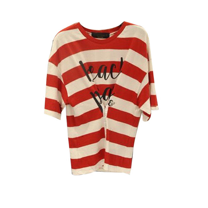 2018春夏装新款字母印花条纹拼色T恤女短袖宽松学生半袖上衣体恤黑色