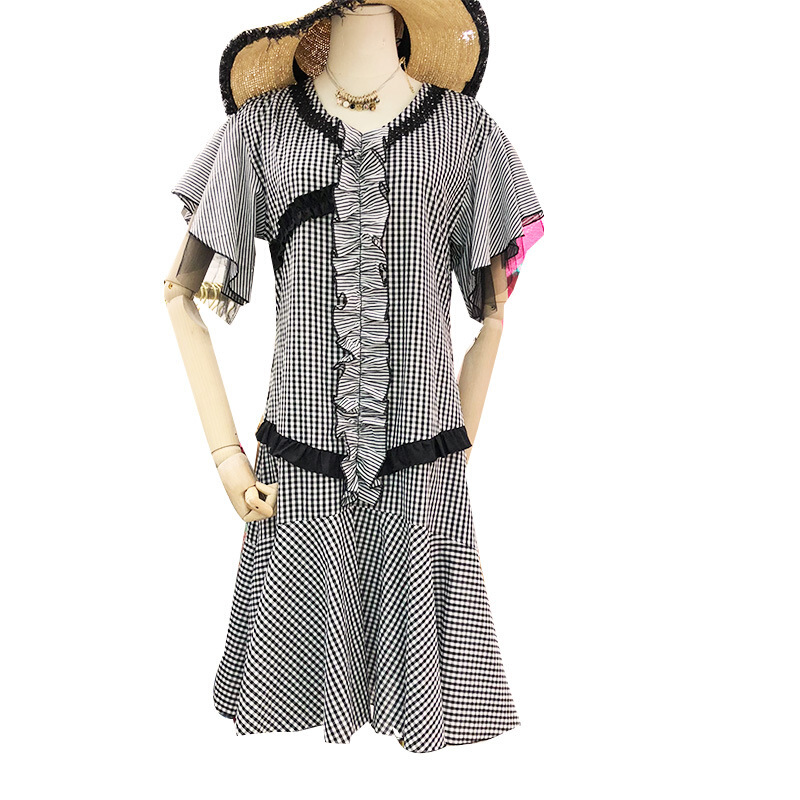 荷叶边格子中长款连衣裙2018夏装新款宽松休闲韩版套头裙子女装潮 黑色 均码