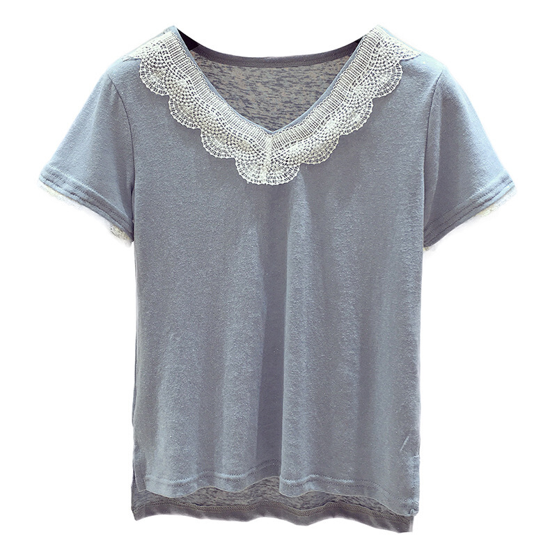 蕾丝拼接短袖T恤女夏装2018新款韩版v领宽松半袖体恤甜美超仙上衣