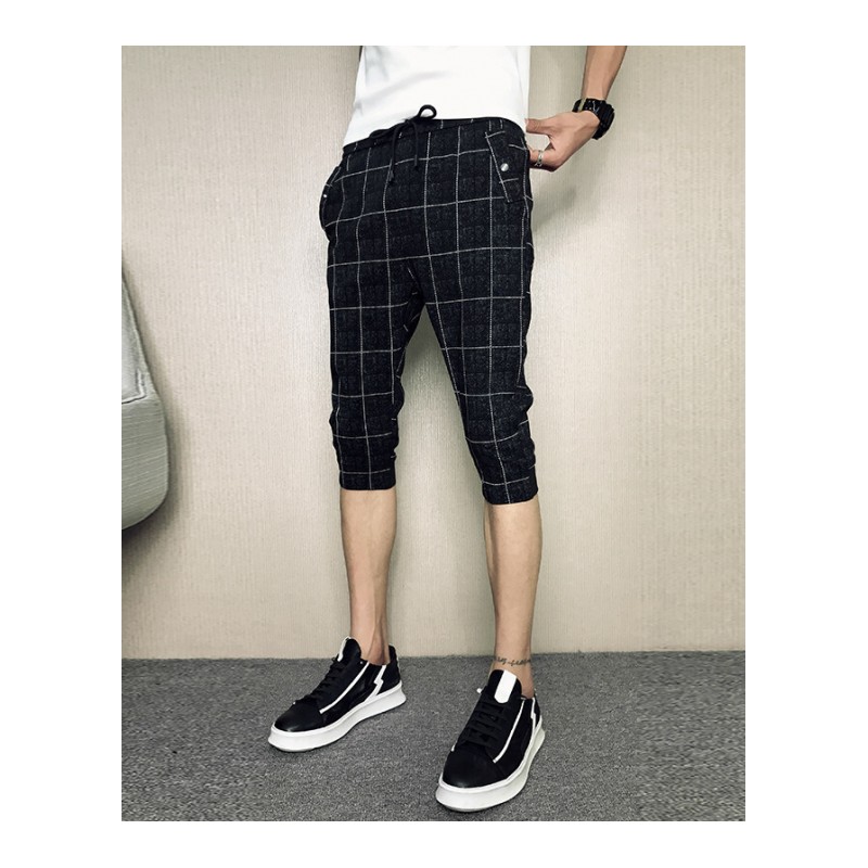 2018夏天男士短裤7七分裤潮男韩版修身潮流百搭社会小脚休闲裤子黑色