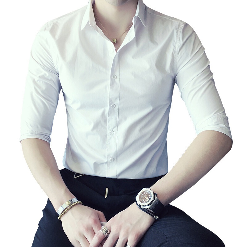 7分袖衬衫男夏季韩版潮流修身中袖白衬衣青年休闲纯色寸衫七分袖