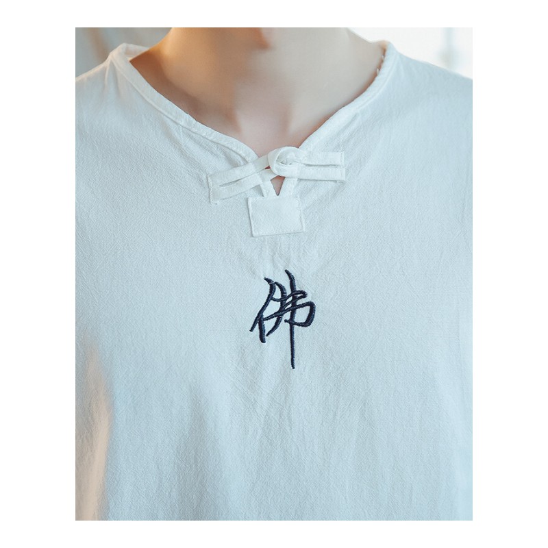 中国风男士短袖T恤韩版圆领棉麻半袖刺绣夏装2018大码亚服潮