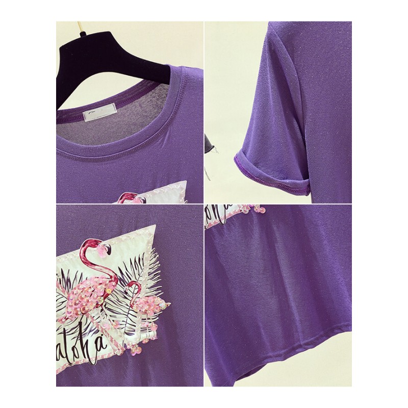 紫色短袖T恤女夏2018新款韩版宽松冰丝亮片半袖体恤亮丝针织上衣