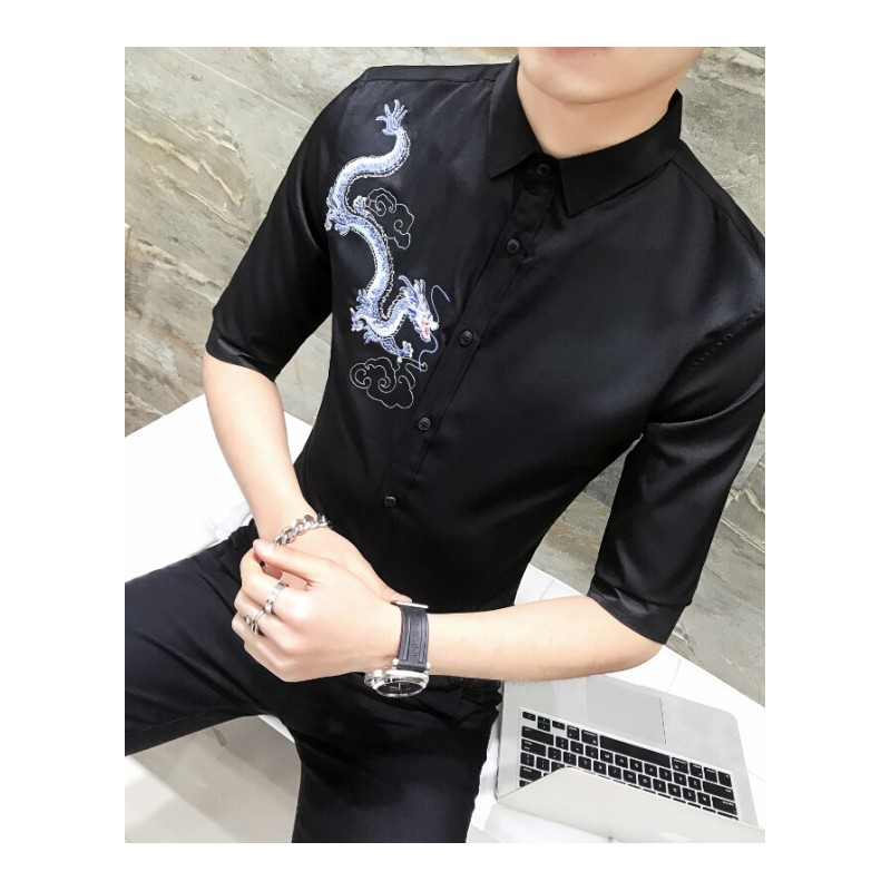 夏季韩版男士7七分袖衬衫衣服夜场修身社会人快手潮男型师讨衫