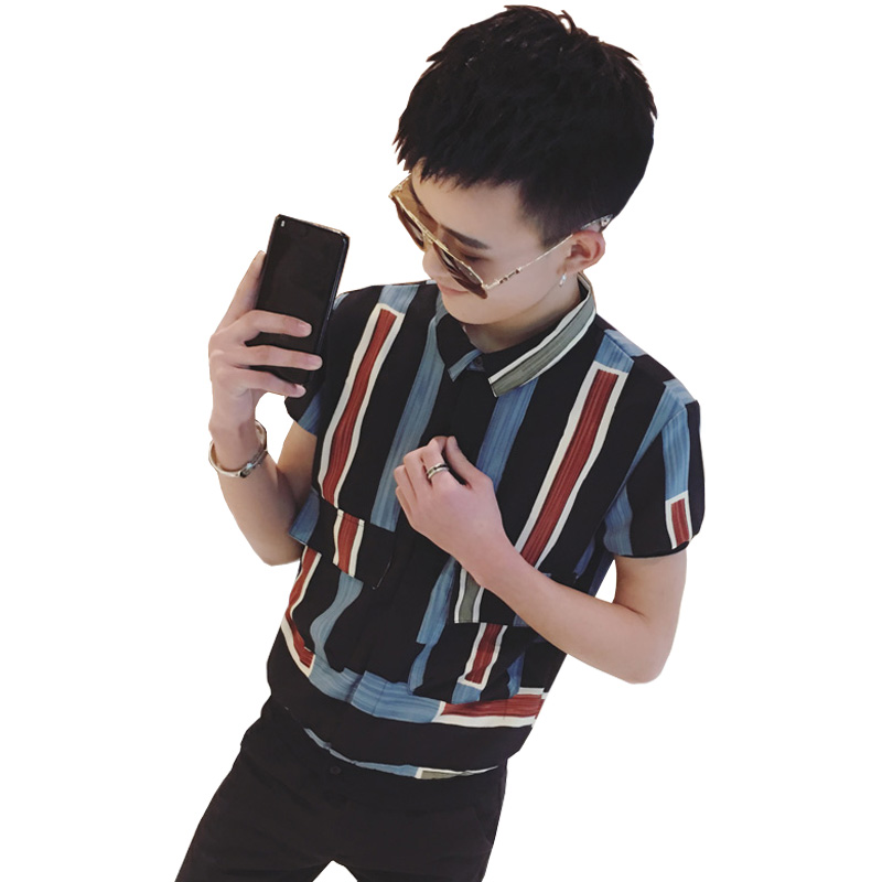 夏季潮流韩版修身衬衫男士半袖衣服青年薄款条纹英伦帅气短袖衬衣