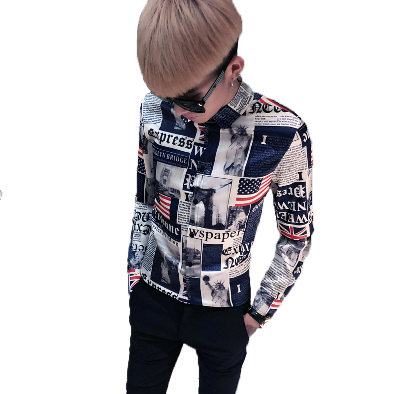 秋季网红衬衫男士潮流韩版修身长袖花衬衣夜场个性印花型师寸衣