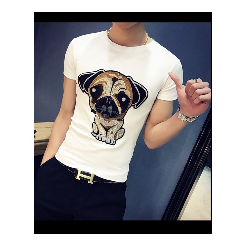 夏季男士短袖T恤韩版修身社会小伙潮流狗年刺绣图案圆领半袖体恤