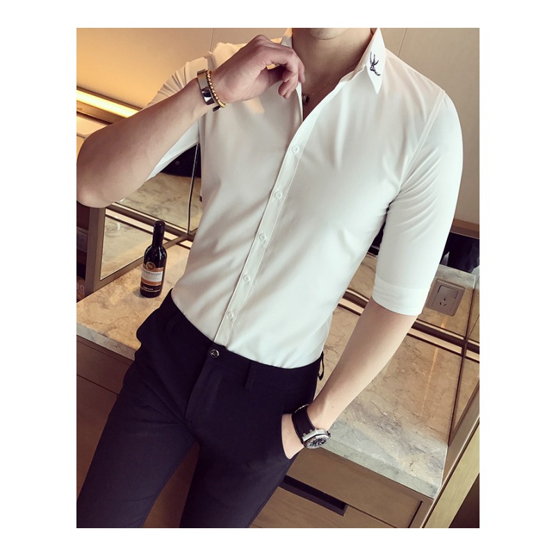 2017夏季修身潮男士七分袖衬衣男薄款韩版纯色休闲型师中袖衬衫