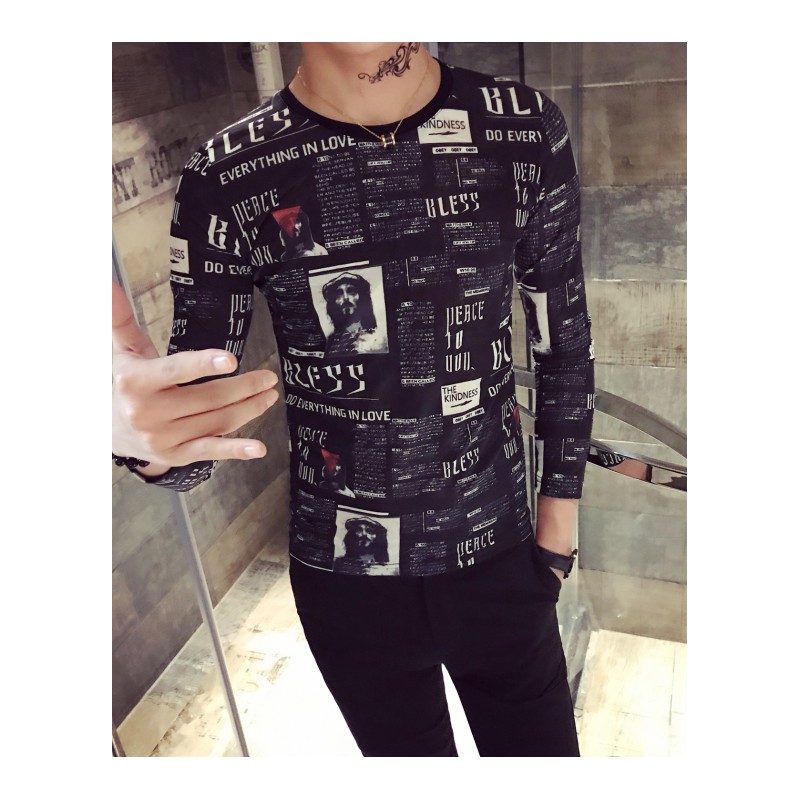 社会精神小伙长袖T恤男士韩版修身潮流网红秋装个性印花百搭体恤