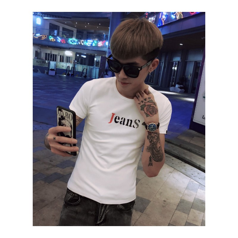 短袖T恤男2018夏季新款社会精神小伙韩版修身潮流简约印花衣服男