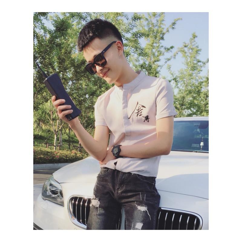 男士五分袖衬衫青年修身中袖衬衣社会小伙刺绣立领帅气寸衫韩版潮