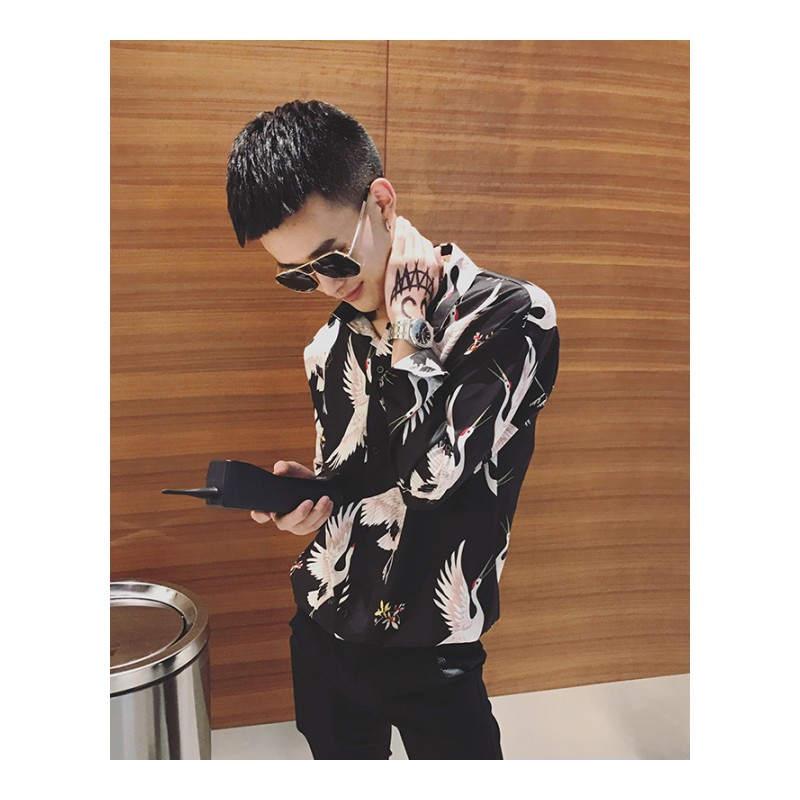 秋季网红长袖衬衫男士韩版修身社会精神小伙帅气仙鹤潮流花衬衣男