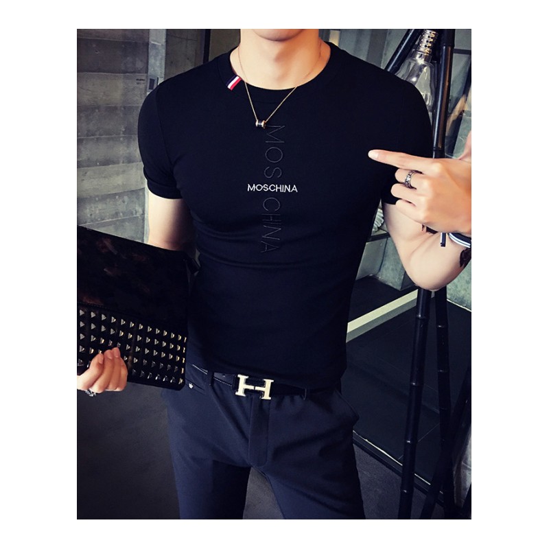 夏季新款男短袖T恤韩版修身圆领青年印花刺绣男装学生半袖体恤潮