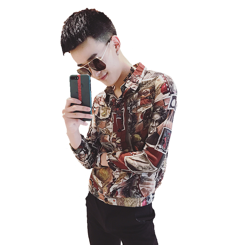 秋季网红衬衫男士潮流韩版修身个性长袖花衬衣型师寸衣夜场男装