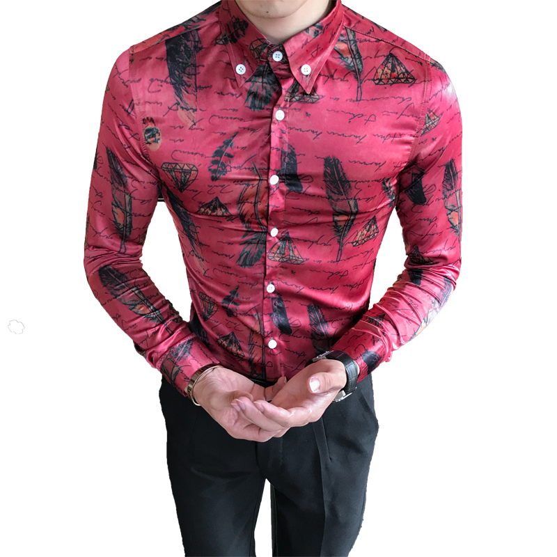 秋季男士韩版时尚修身型长袖衬衫英伦个性印花衬衣潮流夜店花寸衫