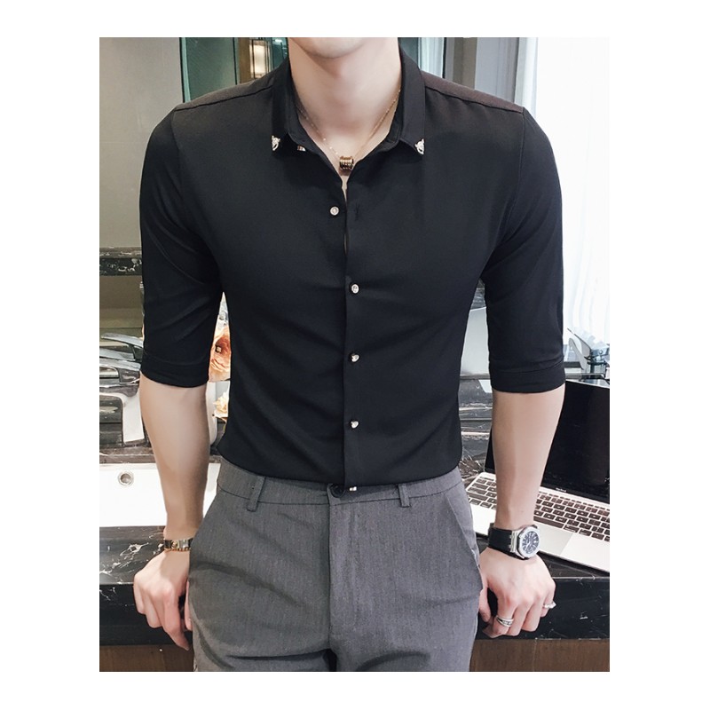 2017春夏新款男士短袖衬衫纯色简约中袖衬衣韩版修身7分袖寸衫潮