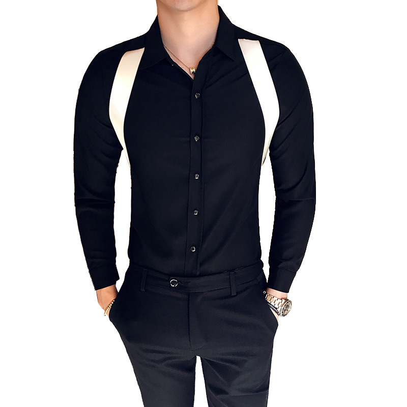秋季新款男士长袖衬衫休闲修身韩版潮流时尚个性背带型师男衬衣