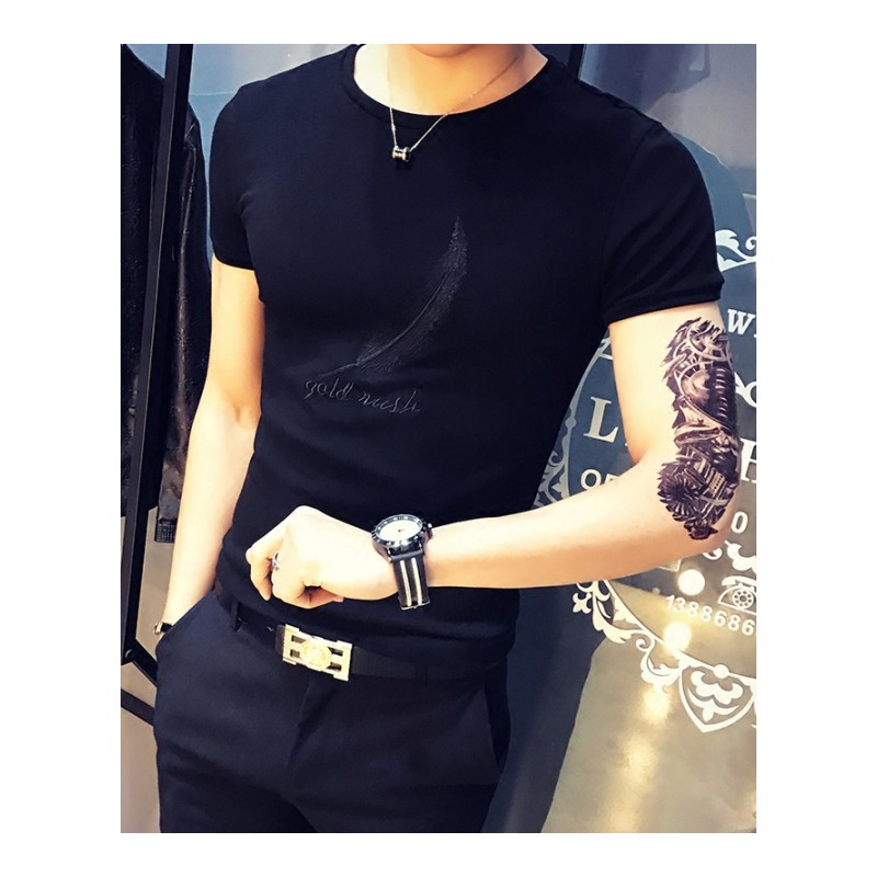 夏季植绒T恤男短袖韩版修身社会青年简约黑色紧身个性男士半袖潮