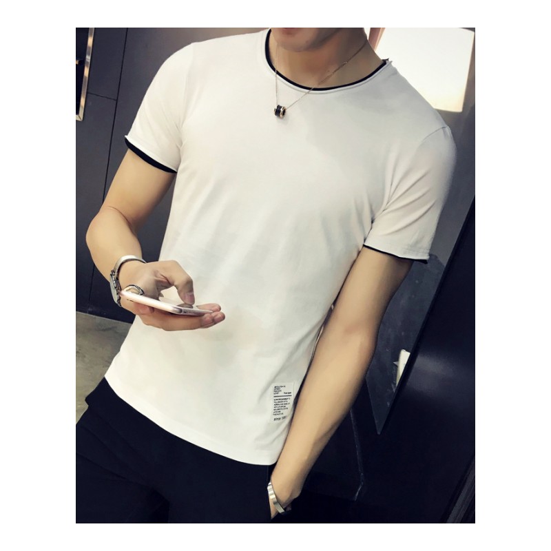 夏季男士短袖T恤韩版修身撞色简约休闲圆领青年半袖打底衫男潮流