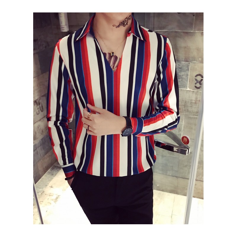 社会人网红长袖衬衫男潮流条纹韩版修身休闲秋季衬衣男装套头寸衣