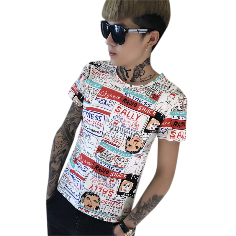 夏季短袖T恤男圆领报纸时尚韩版修身潮流青年半袖夏装帅气上衣服