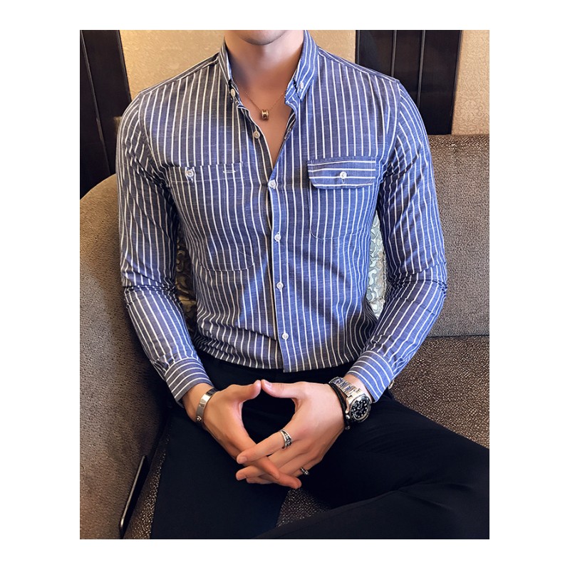 2017秋季新款韩版衬衫男长袖修身条纹时尚潮流型师休闲打底衬衣