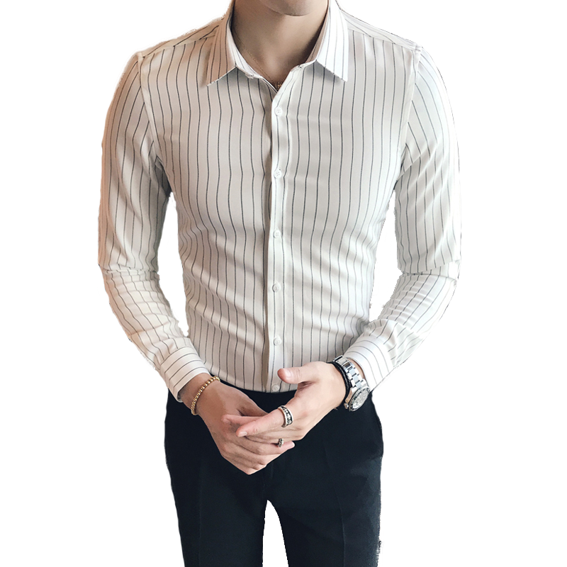 秋季男士韩版修身长袖衬衫男2017新款条纹帅气青年型师夜店潮流