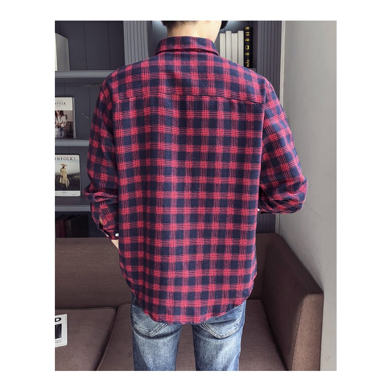 2018秋季新款韩版学生青年格子衬衫男单口袋宽松学院风长袖衬衣潮