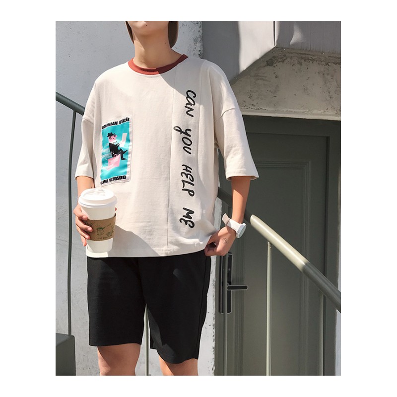 ins超火男士T恤中袖男短袖体恤宽松韩版潮流上衣服圆领五分袖小衫