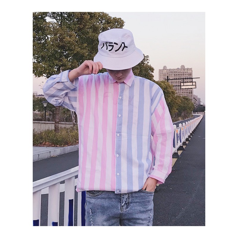 衬衫男2018新款原宿长袖男装港风修身型潮流双色条纹休闲宽松上衣