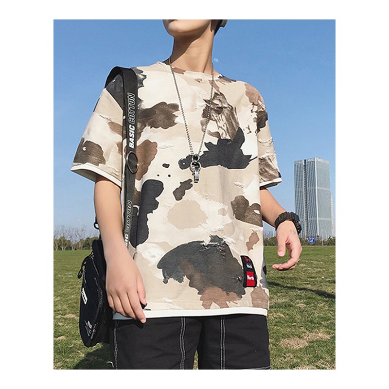 迷彩短袖男T恤圆领潮流韩版假两件新款夏季宽松bf原宿风半袖上衣