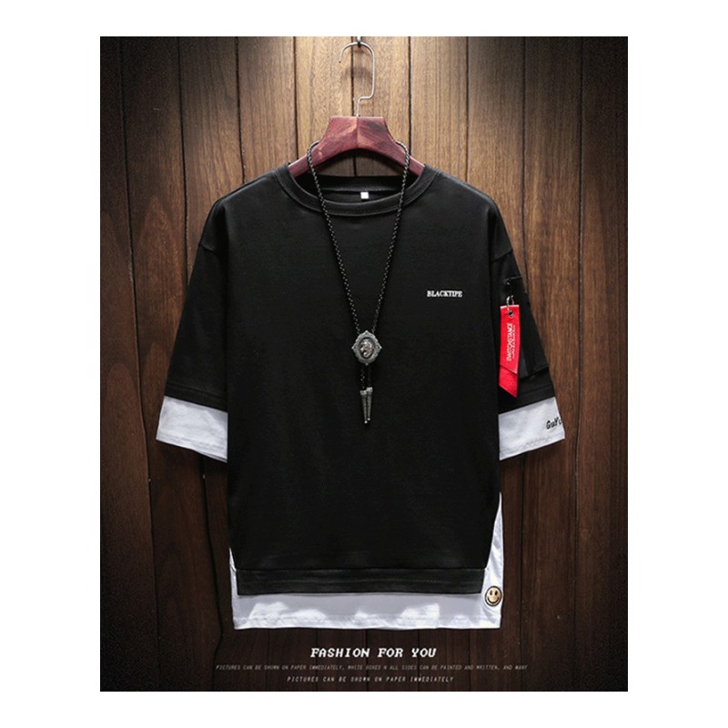 T恤男短袖夏装宽松2018新款圆领大码韩版潮流假两件七分短袖卫衣