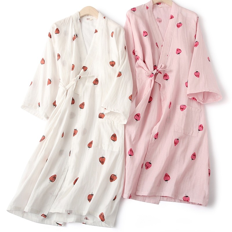 莓浴袍睡裙女夏秋季全棉日式长袖睡袍可爱纱布和服汗蒸纯棉睡衣