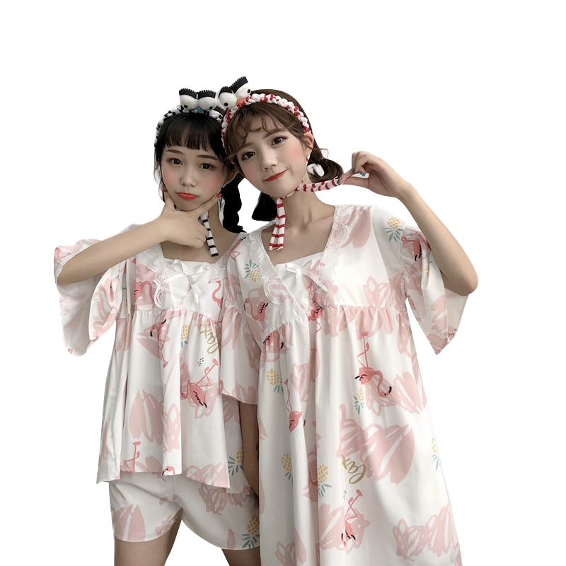 女装2018新款韩版学生卡通涂鸦甜美短袖睡衣中长款两件套装女夏季