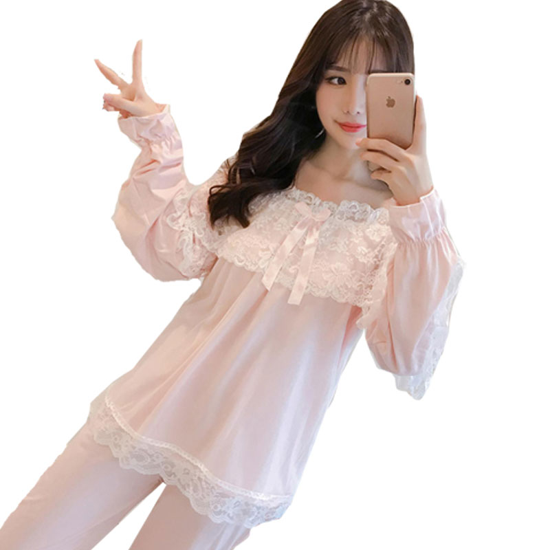 睡衣女夏韩版纯棉长袖薄款花边春秋季公主风套装清新甜美家居服哒