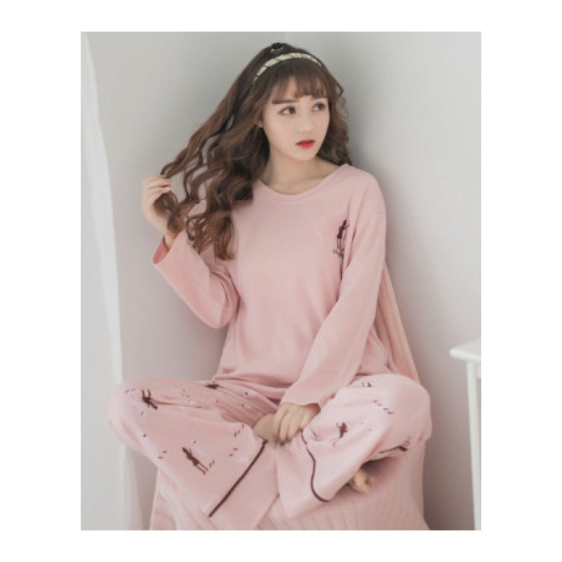韩版睡衣女春秋长袖白圆点学生可爱清新少女卡通两件套装家居服