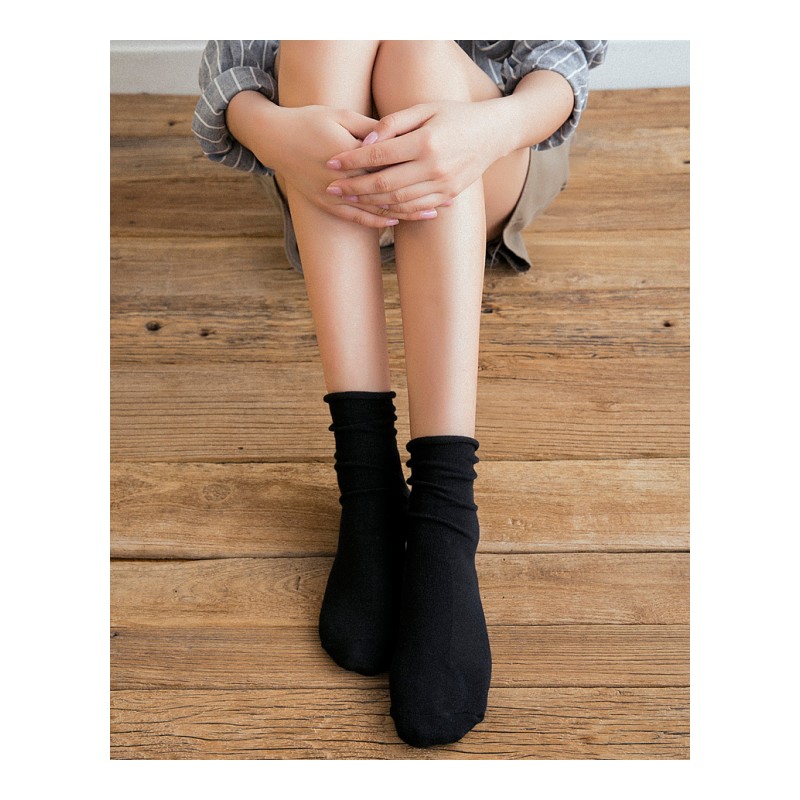 黑色袜子女日系长中筒袜纯色韩版春秋学院风薄款韩国潮堆堆袜百搭