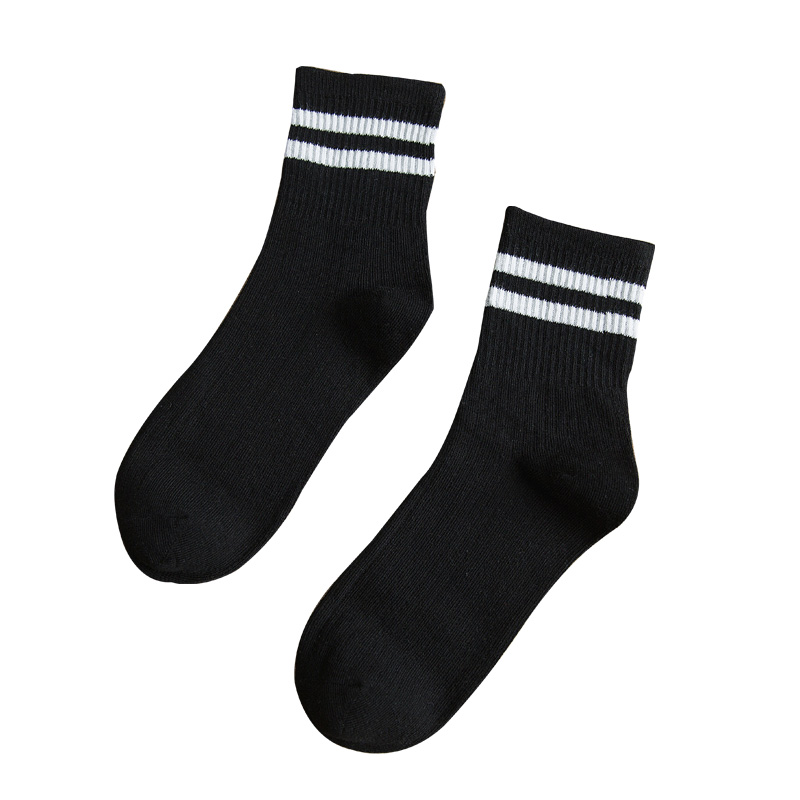 韩国运动袜韩版学院风女袜黑白色条纹潮二两道杠长袜子女中筒纯棉