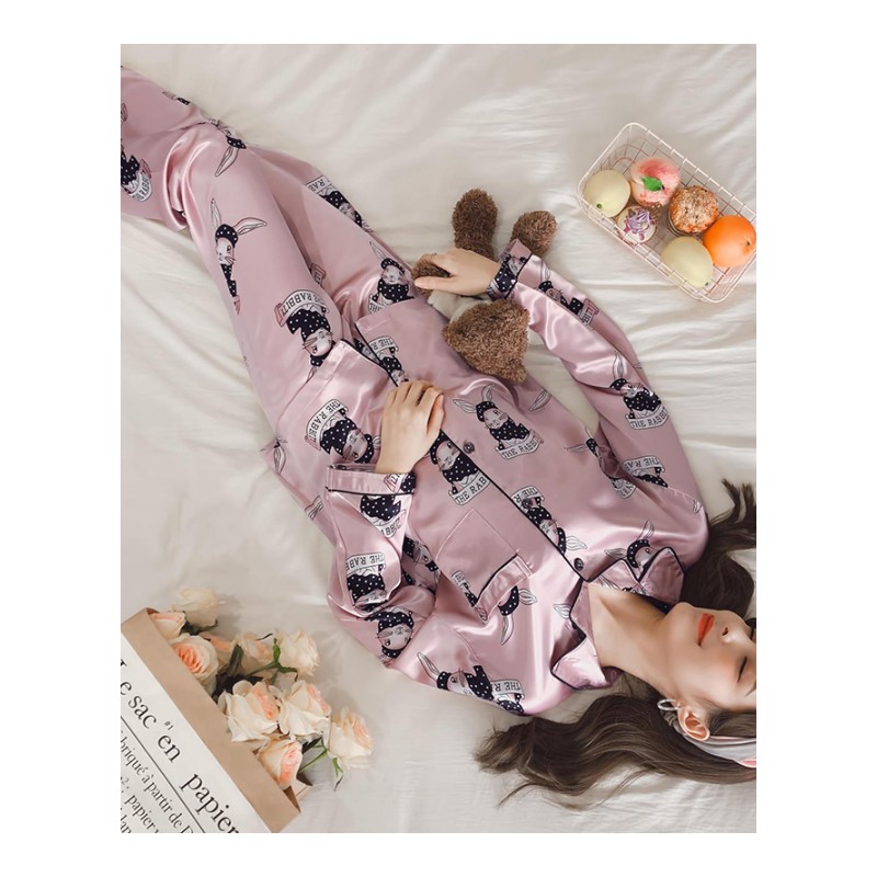 春秋季睡衣女长袖套装薄款冰丝大码韩版宽松丝绸两件套真丝家居服