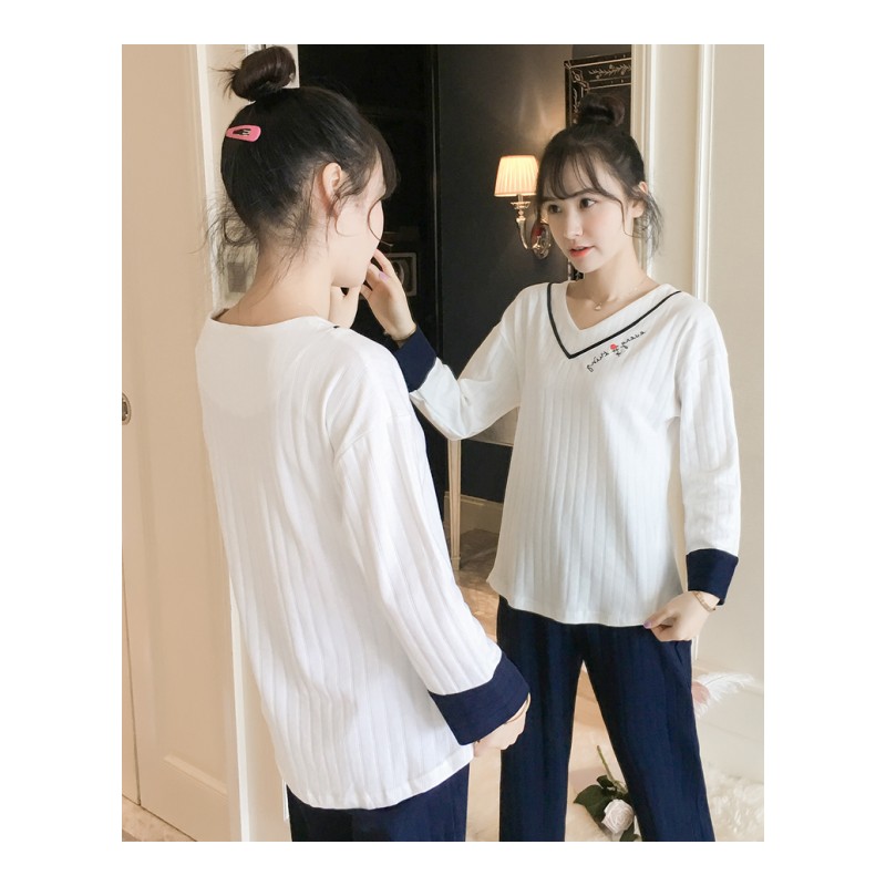 秋季长袖睡衣女纯棉春秋韩版家居服全棉宽松秋天两件套装可外穿
