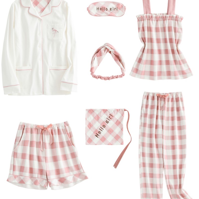 粉色莓七件套睡衣女纯棉长袖春秋夏甜美韩版清新学生家居服