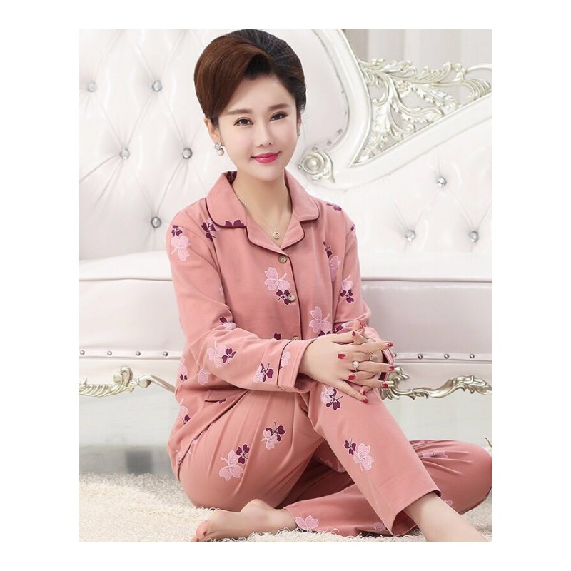 妈妈睡衣女春秋季纯棉长袖女中老年人秋冬套装大码胖mm200斤宽松