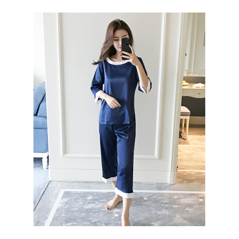 冰丝睡衣女夏套装薄款性感韩版七分短袖长裤丝绸家居服两件套秋季