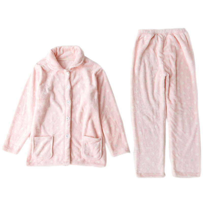 秋冬季加厚可爱法兰绒长袖开衫家居服套装睡衣珊瑚绒冬天女款