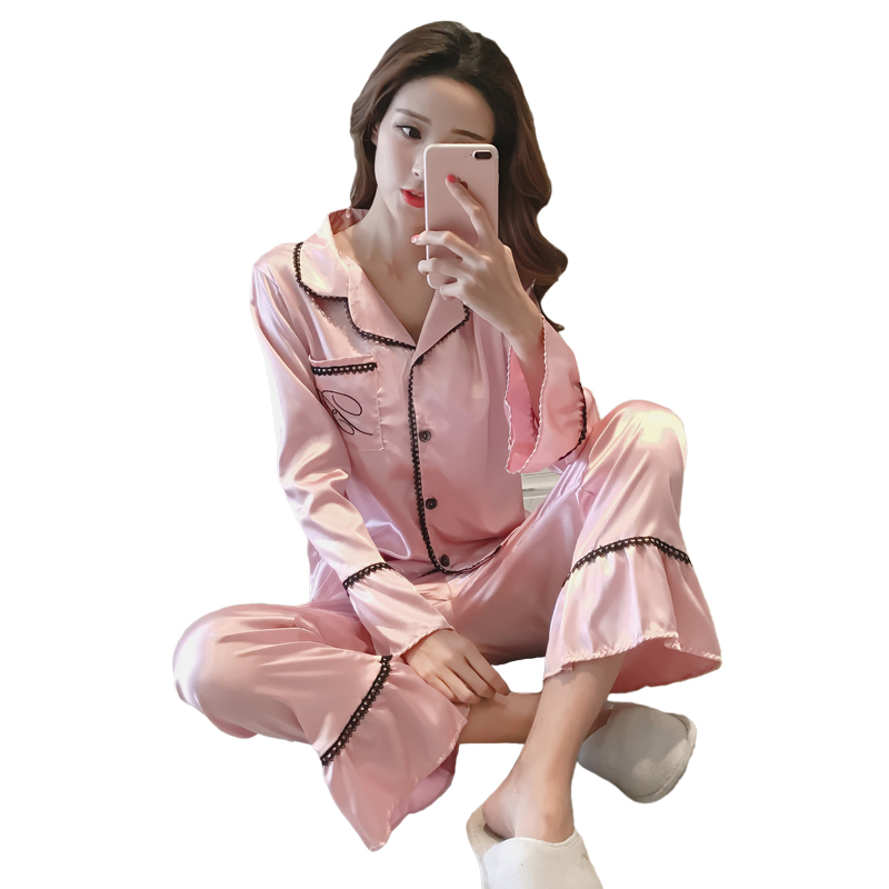 春秋季冰丝睡衣女夏韩版薄款长袖真丝甜美可爱丝绸家居服两件套装