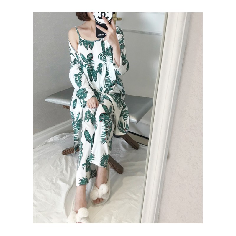 春秋季女士睡衣可爱带长袖和服清新学生纯棉三件套装夏季家居服
