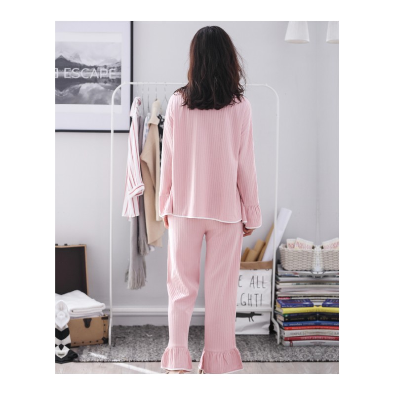 睡衣女秋全棉长袖薄款韩版简约少女甜美可爱休闲春秋家居服套装