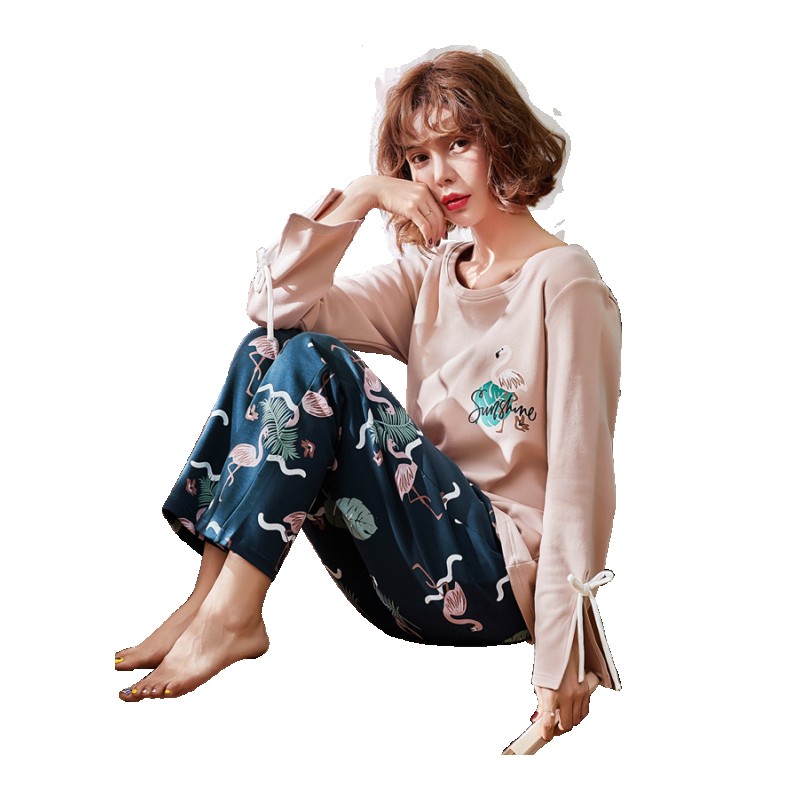 ins风睡衣女秋天薄款纯棉长袖套装可外穿夏季火烈鸟家居服春秋季