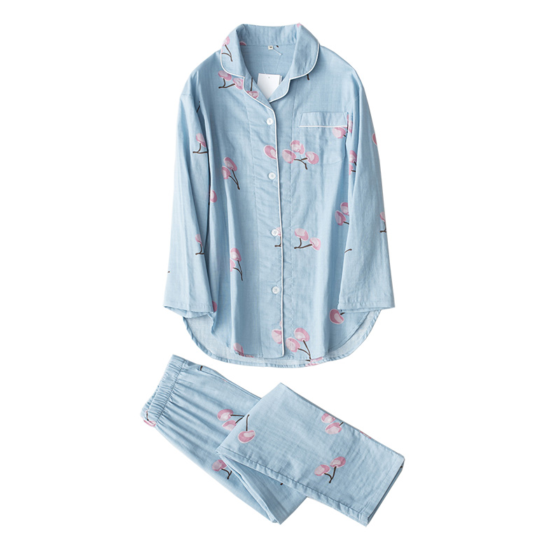 春秋睡衣女纯棉长袖套装 日系卡通夏纱布家居服宽松大码