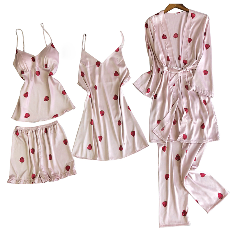 冰丝睡衣五件套装莓女夏性感带睡裙带胸垫睡袍家居服可外穿秋